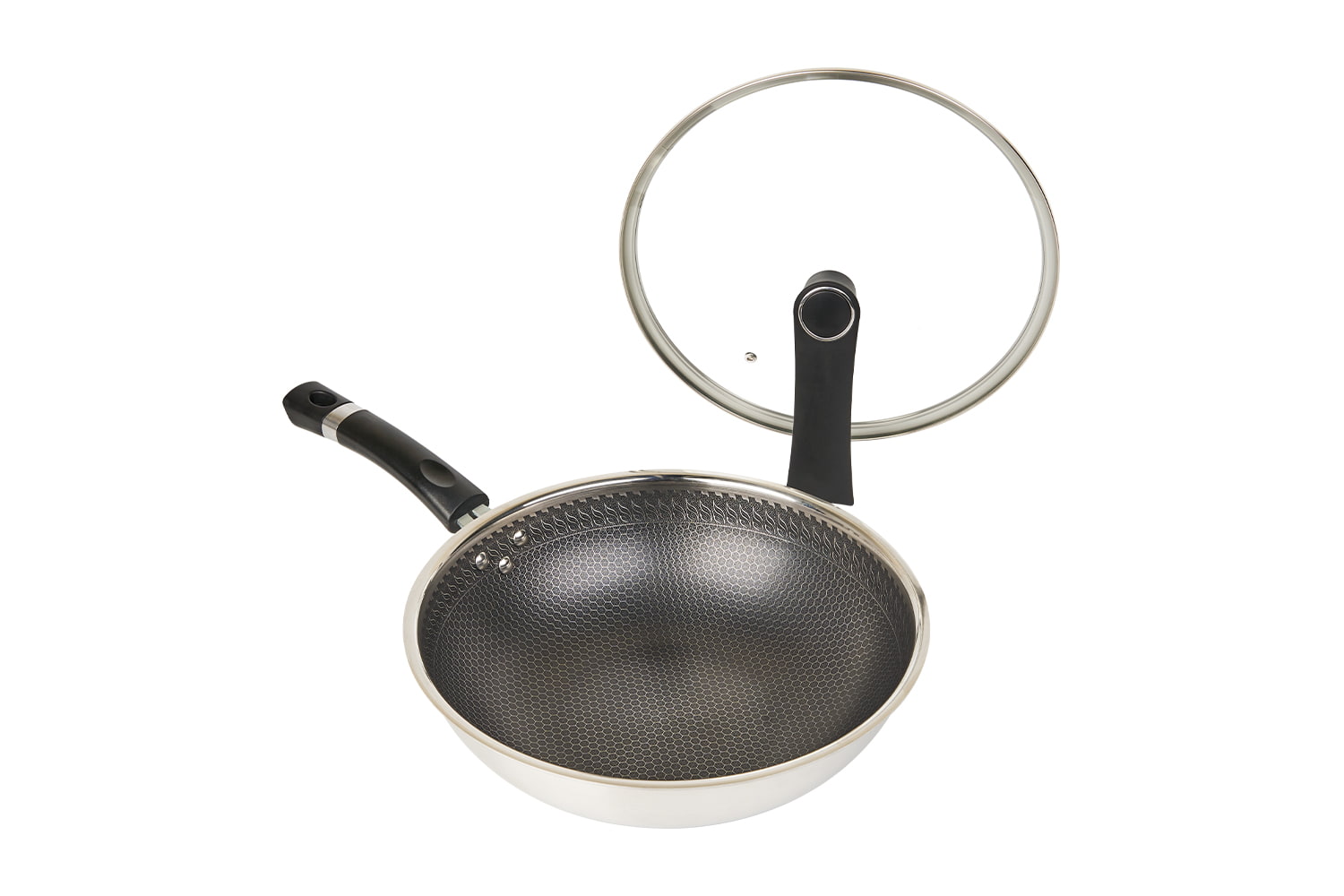 CF30C-CJ538 Wok i rostfritt stål med glaslock, etsande non-stick beläggning, reptålig, hushåll