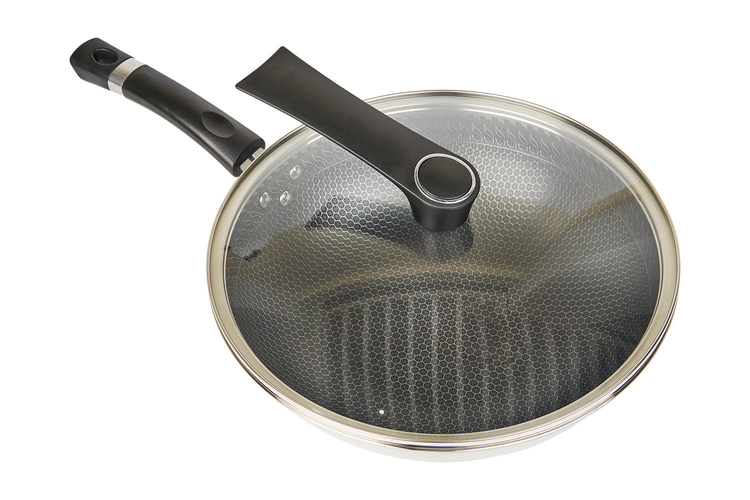 CF30C-CJ538 Wok i rostfritt stål med glaslock, etsande non-stick beläggning, reptålig, hushåll