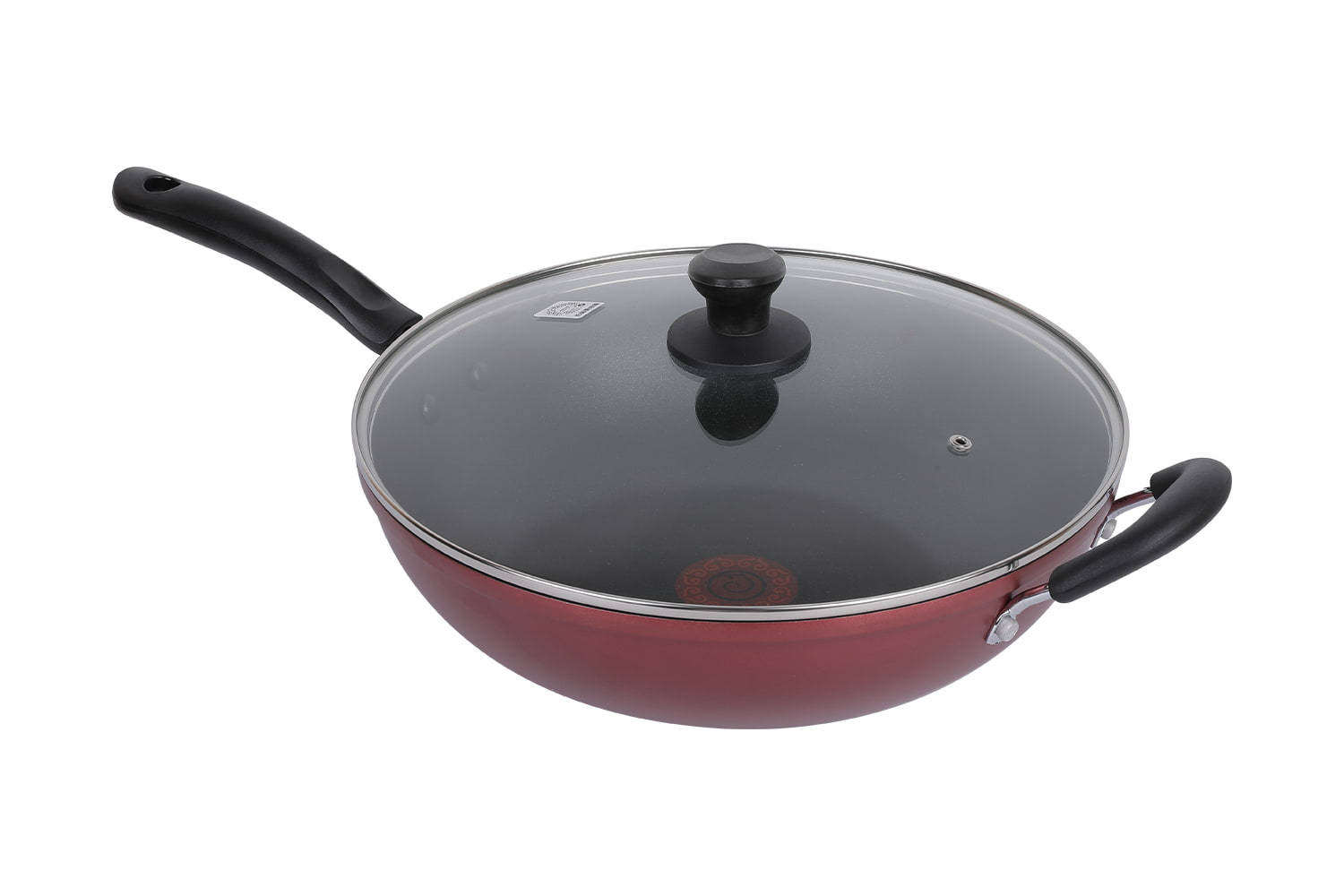 CF32C-CJ772 Flaming Wok-Med glaslock imitation pressgjutning pad utskrift flammande röda prickar 32 non-stick wok