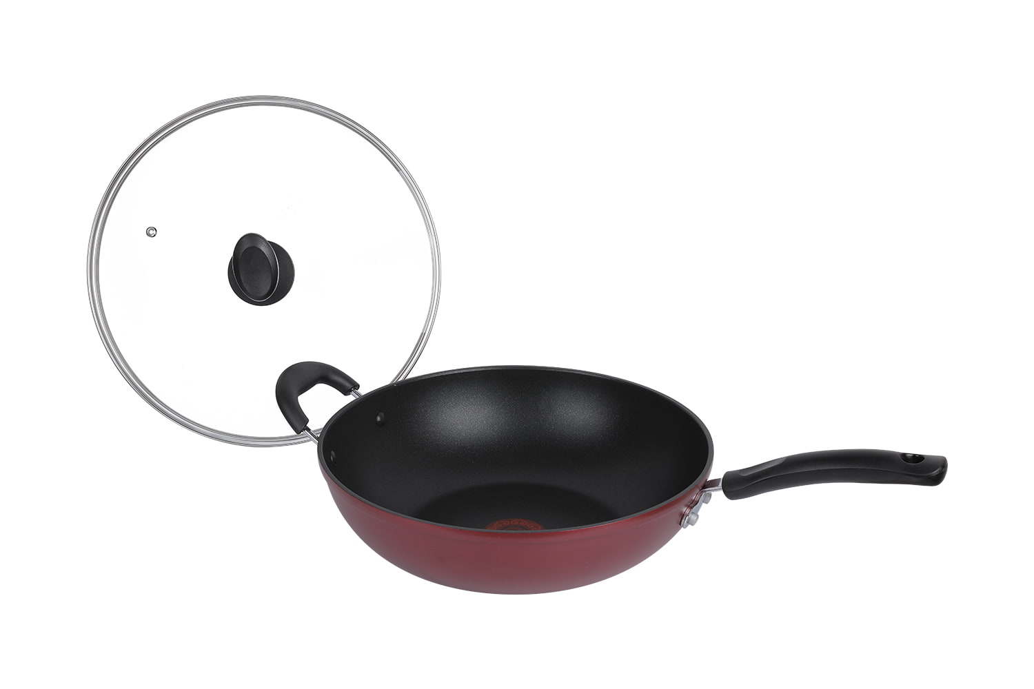 CF32C-CJ772 Flaming Wok-Med glaslock imitation pressgjutning pad utskrift flammande röda prickar 32 non-stick wok