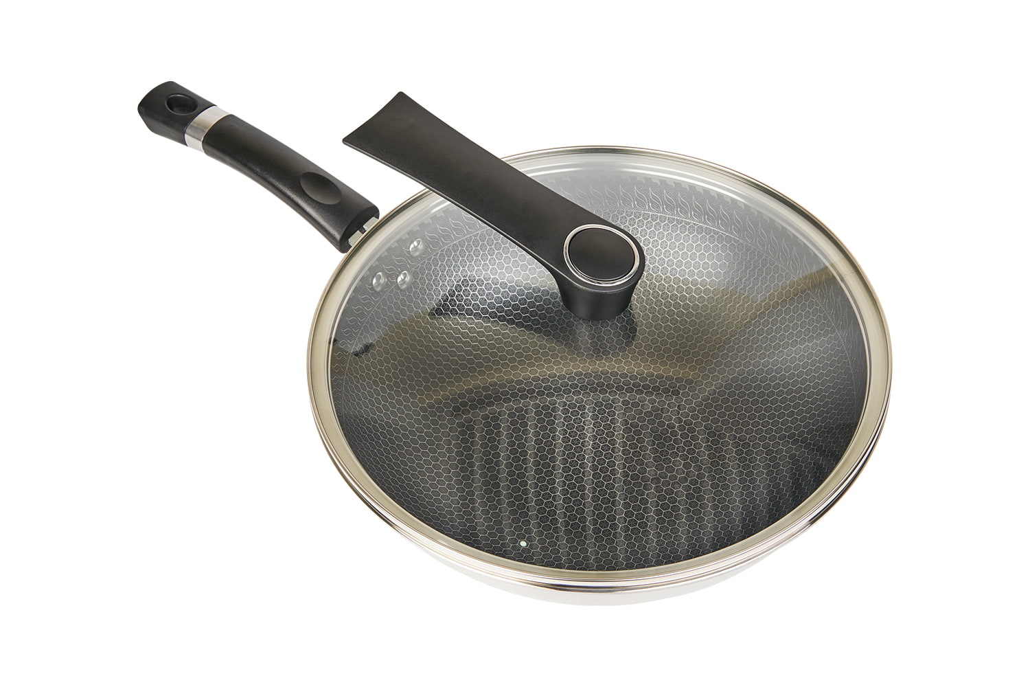 CF34C-CJ598 Wok i rostfritt stål med glaslock, etsande non-stick beläggning, reptålig, hushåll