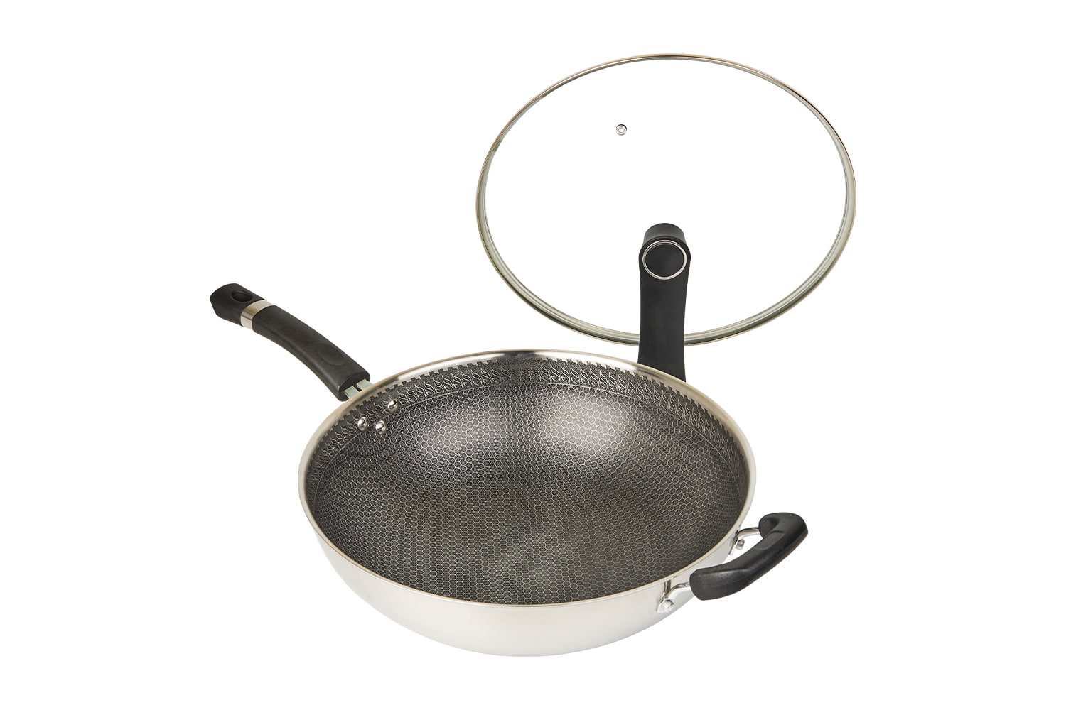 CF34C-CJ598 Wok i rostfritt stål med glaslock, etsande non-stick beläggning, reptålig, hushåll